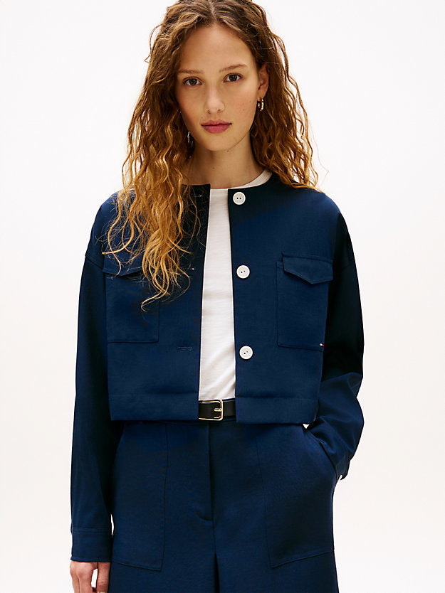 Tailored Collarless Boxy Short Utility Jacket
