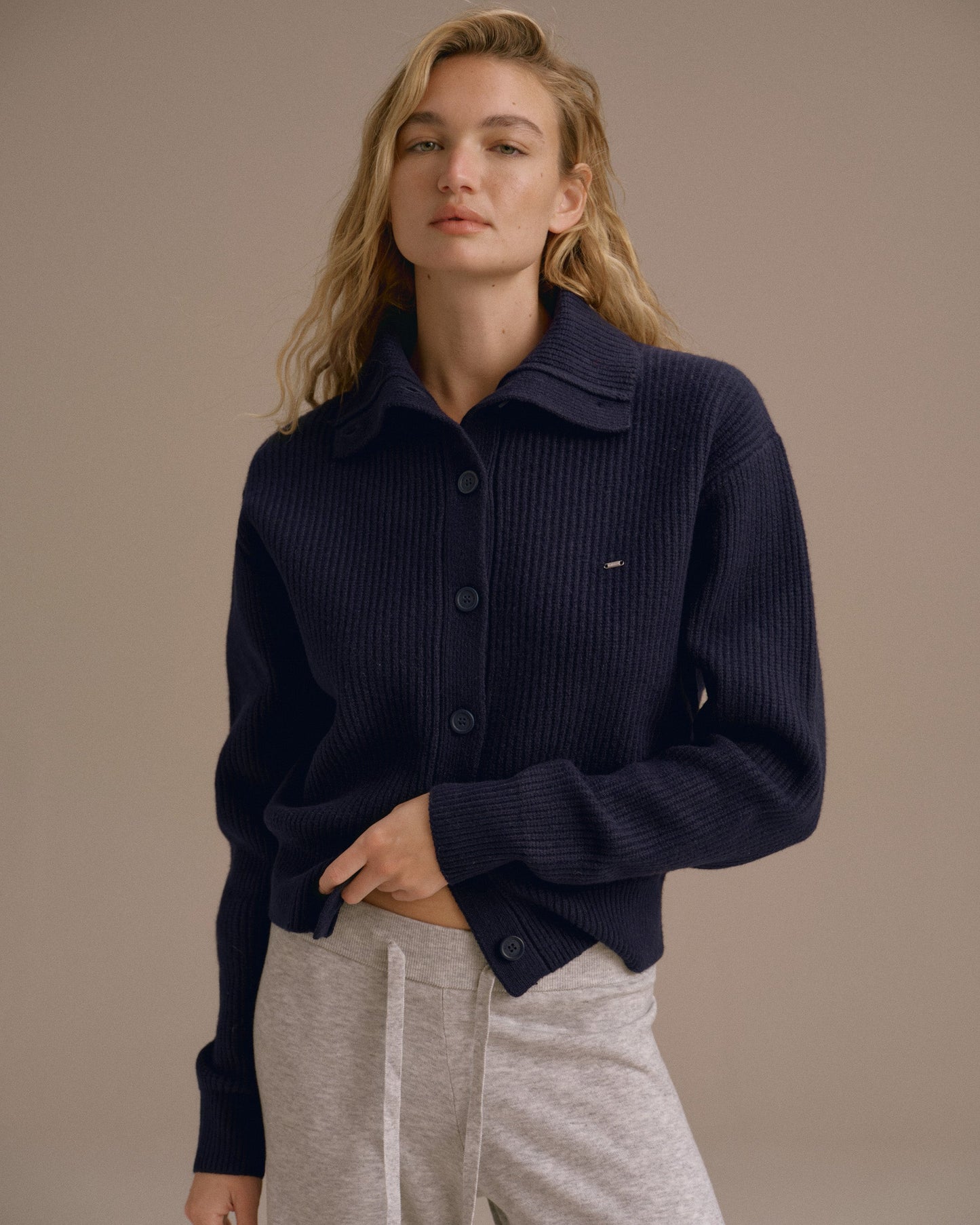 Knit Collar Cardigan - Navy Blue