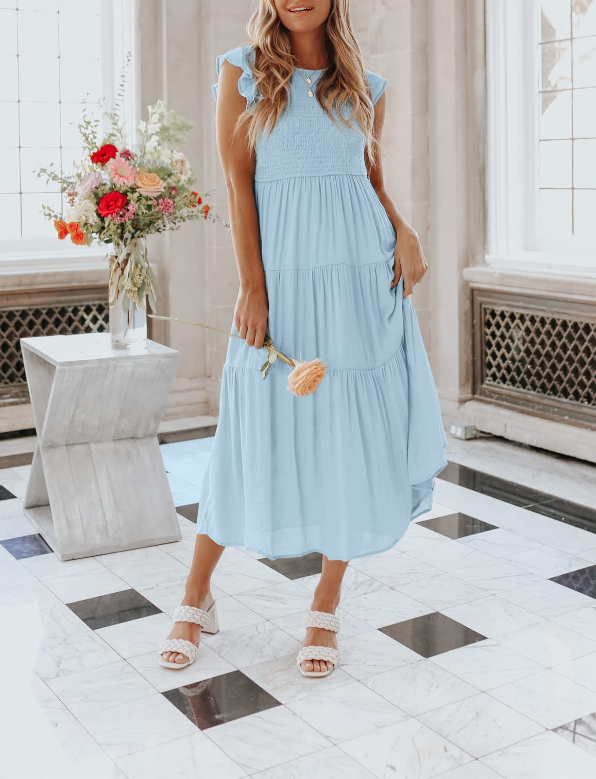 Damen Sommer Freizeit Rüschenärmel Midikleid