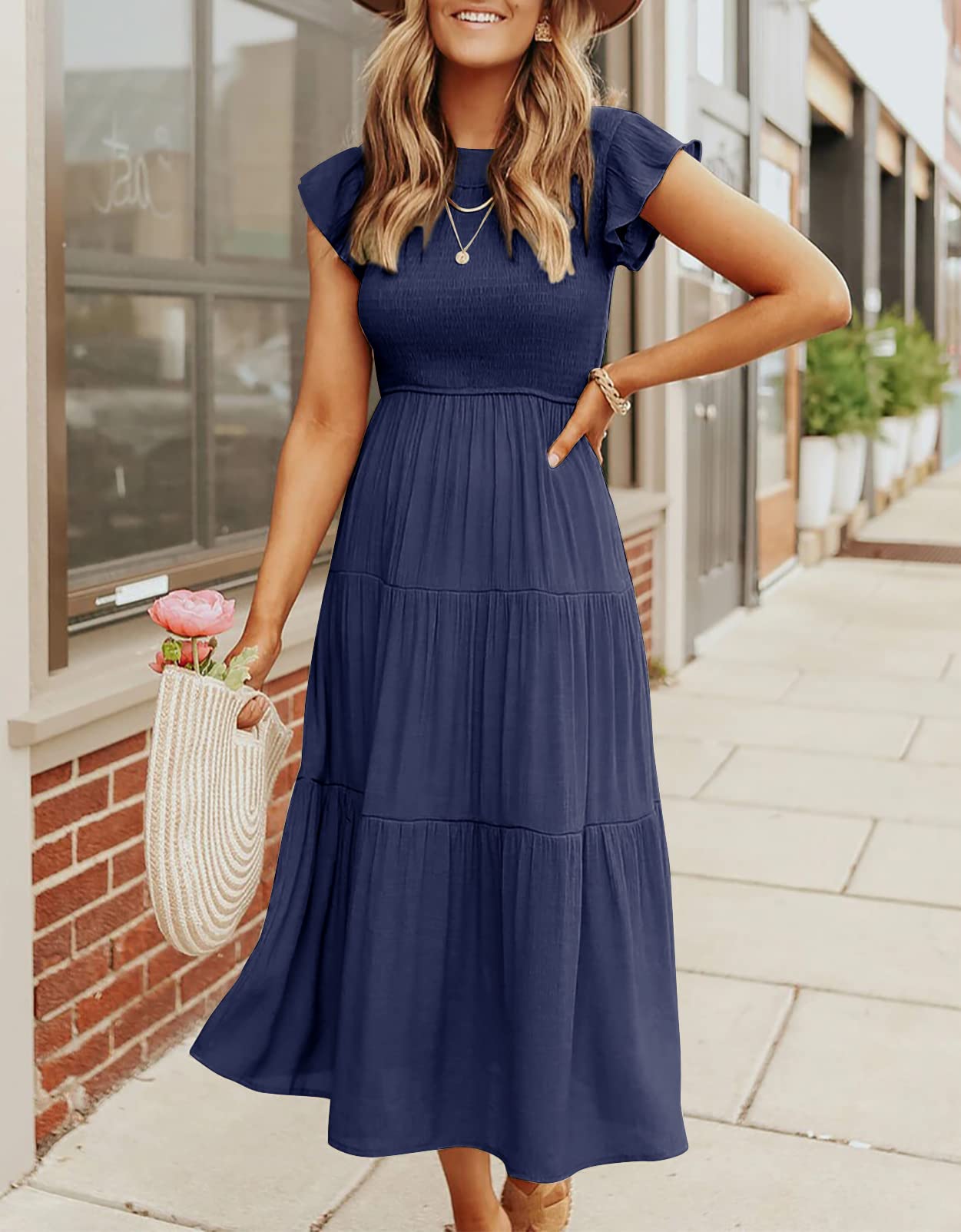 Damen Sommer Freizeit Rüschenärmel Midikleid