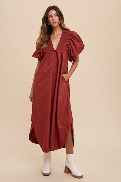 Robe midi Annie Wear à manches bouffantes et smockée