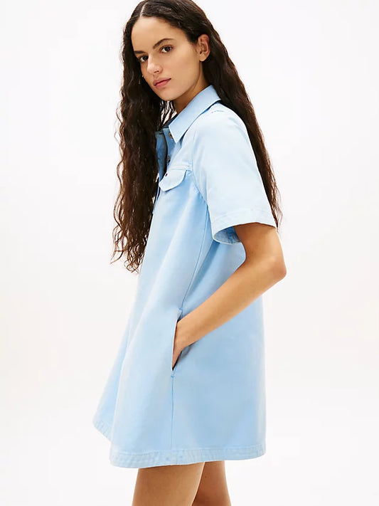 Washed Canvas Mini Short Sleeve Shirt Dress
