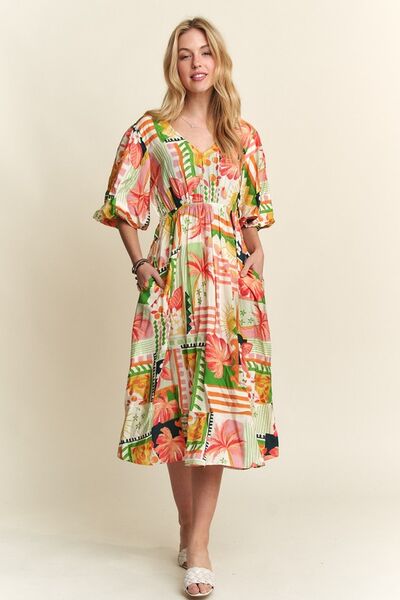 Robe midi ADORA à encolure en V et manches bouffantes à motif floral