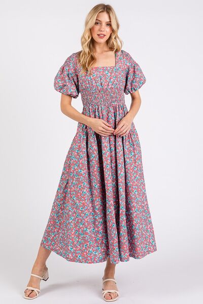 Robe midi Mittoshop à encolure carrée et manches bouffantes à motif floral smocké