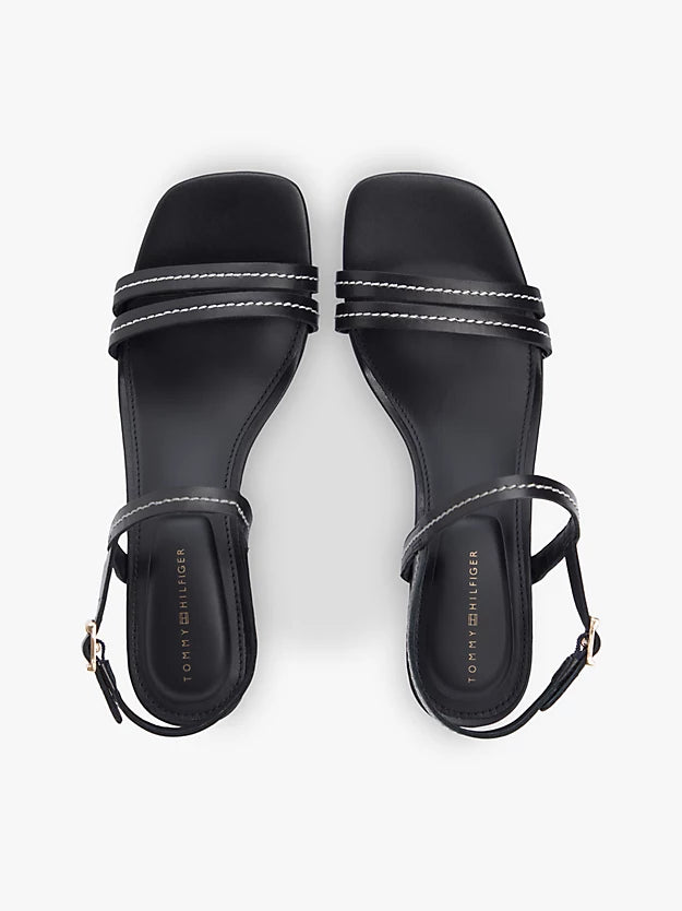 Leather Contrast Topstitch Block Heel Sandals