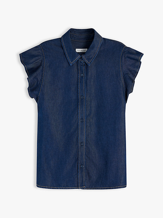 Regular Ruffle Cap Sleeve Denim Shirt