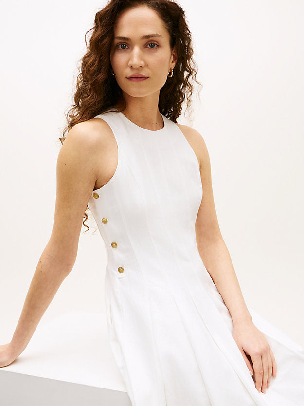 Gold-Tone Button Linen Blend Midi Dress