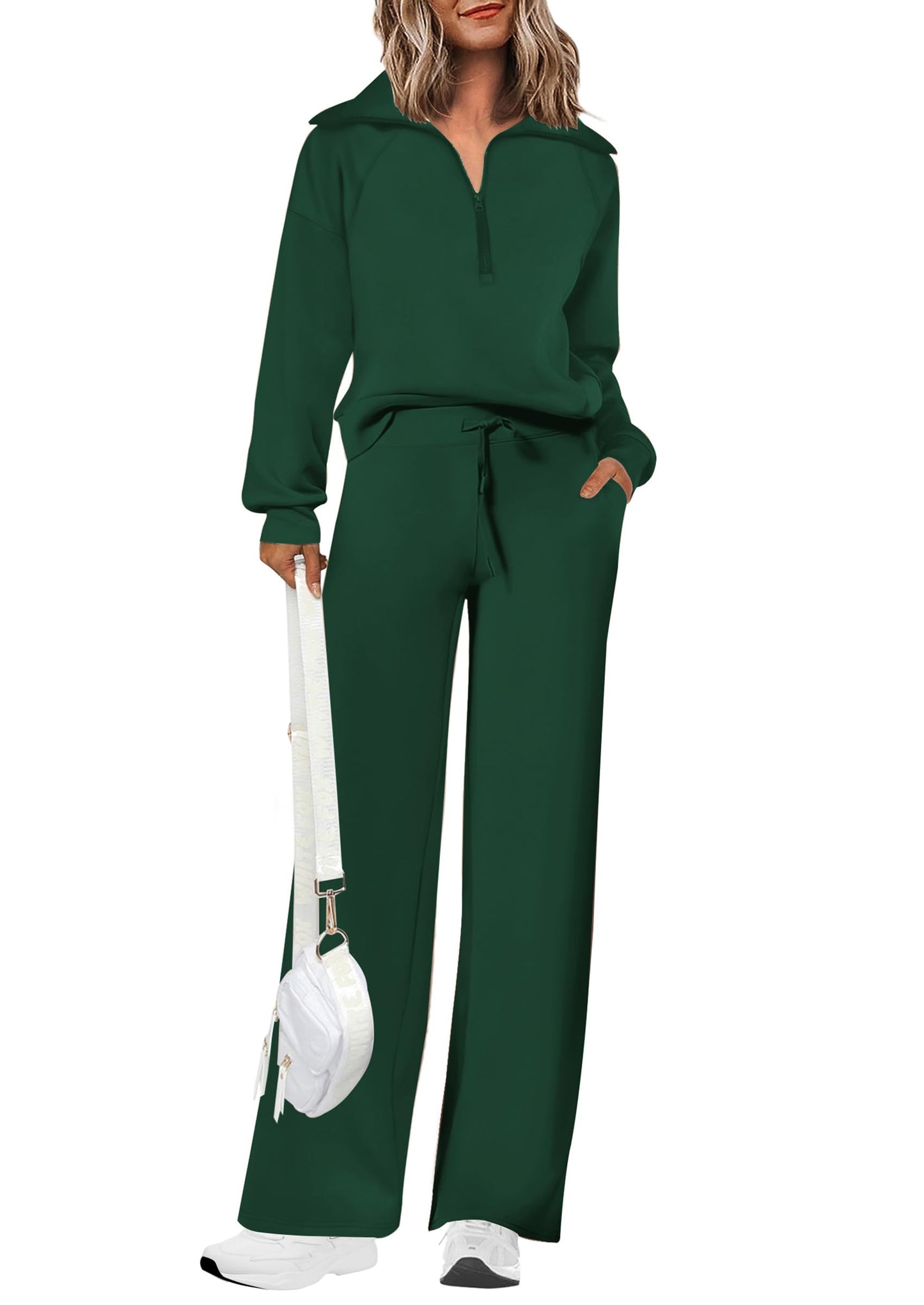 Ensembles deux pièces en coton pour femmes, sweat-shirt à col revers et demi-zip, pantalon de survêtement large, tenue décontractée
