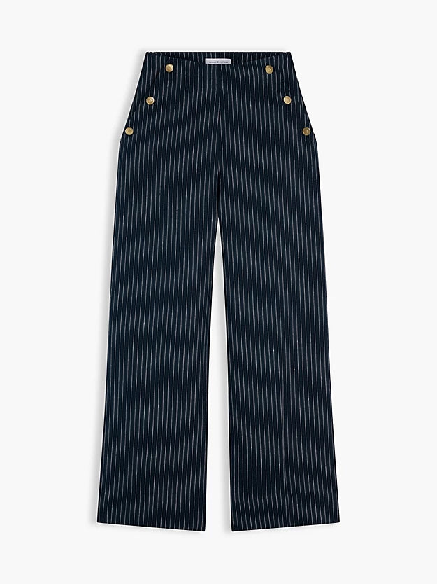 Pinstripe Gold-Tone Button Wide Leg Trousers WiLinen