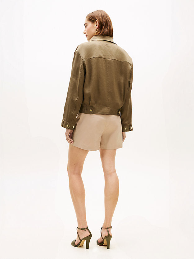 Gold-Tone Button Pure Linen Utility Jacket