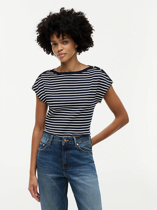 Gold-Tone Button Boat Neck T-Shirt