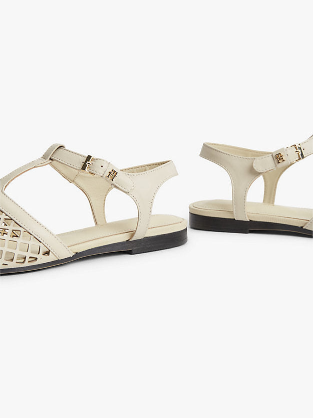 Cutout Leather T-Bar Buckle Sandals