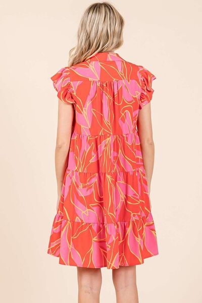 Mittoshop Minikleid mit Blätterdruck, Volantärmeln und Stufenrock
