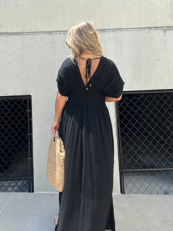Kleid mit V-Ausschnitt, Schlitz und geraffter Taille (2 kaufen, kostenloser Versand)