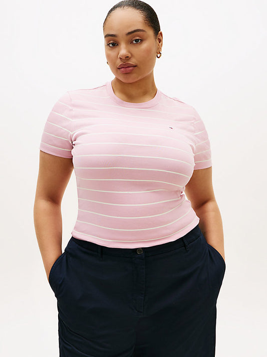 Curve Flag Embroidery Crew Neck Slim T-Shirt