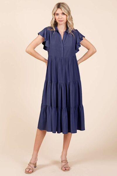 Robe midi étagée à col en V, manches volantées Mittoshop