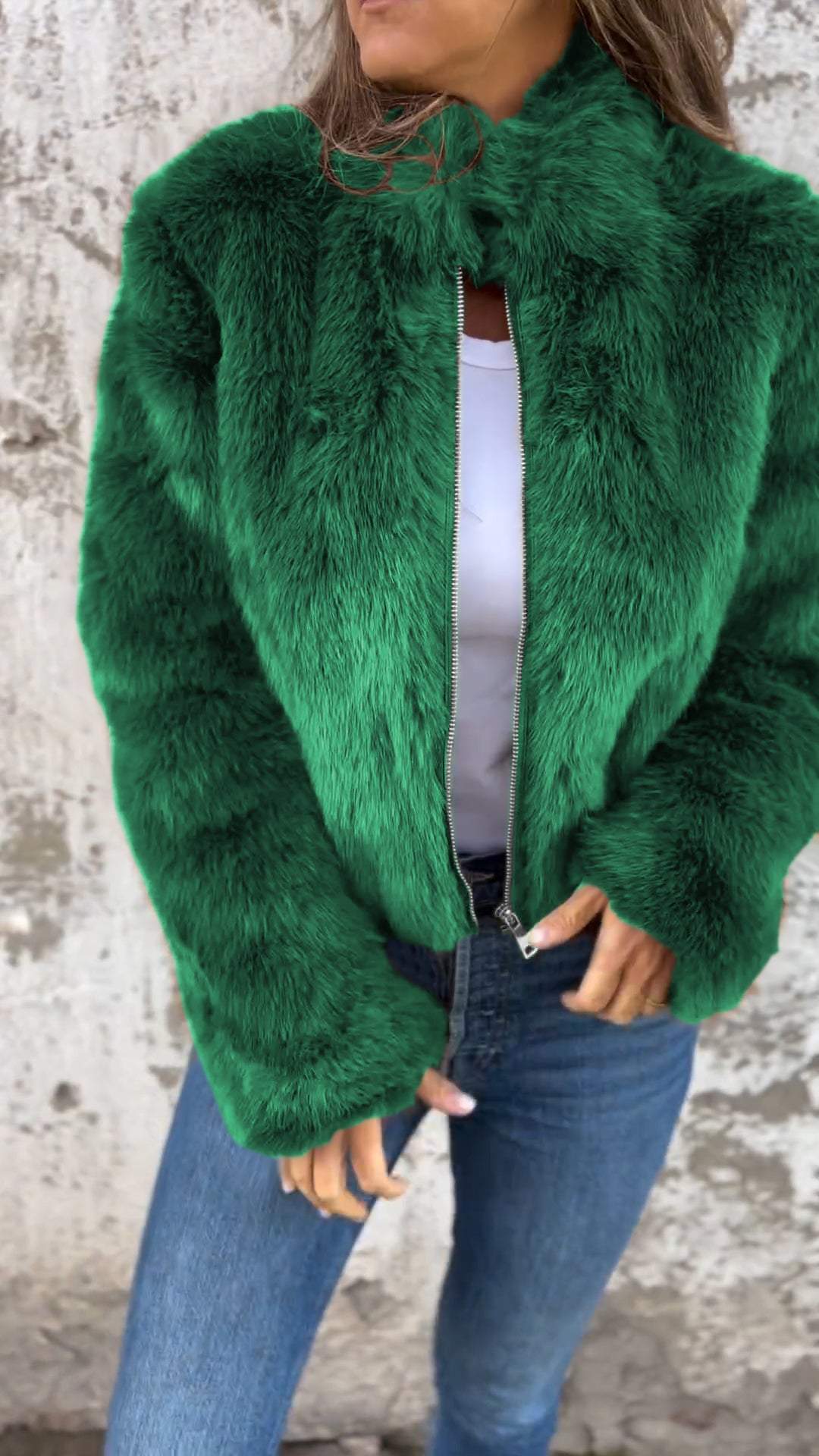 Veste décontractée zippée en fausse fourrure à col montant pour femme