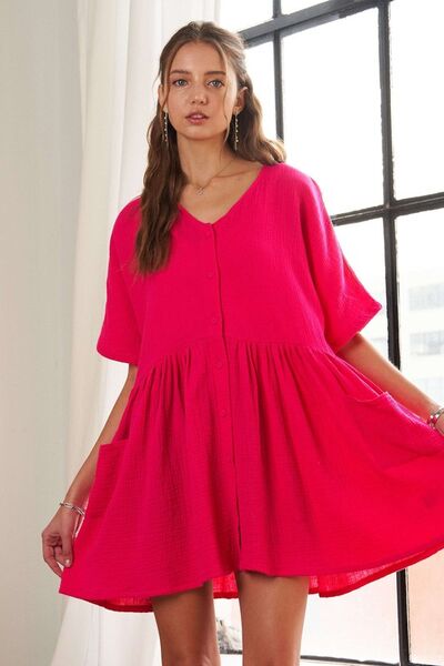 Robe à Col V et Manches Courtes ADORA avec Poches