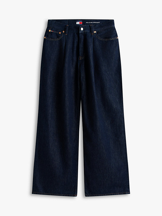 Pleated Mid Rise Loose Straight Leg Jeans
