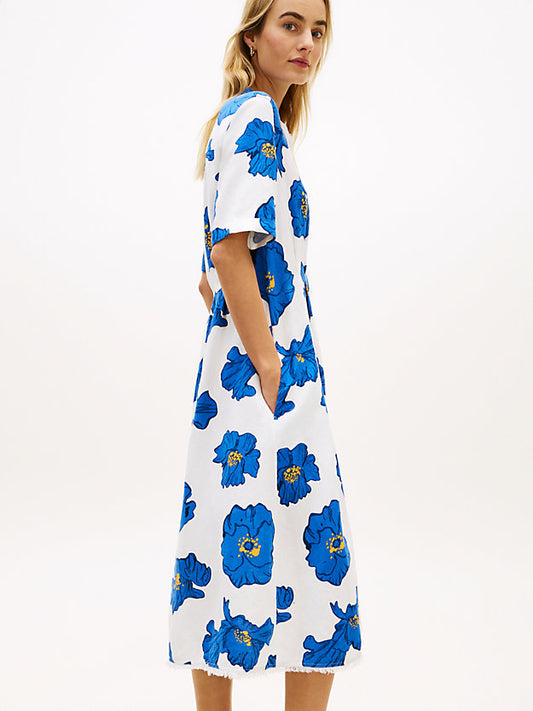 Frayed Linen Blend Midi Shirt Dress