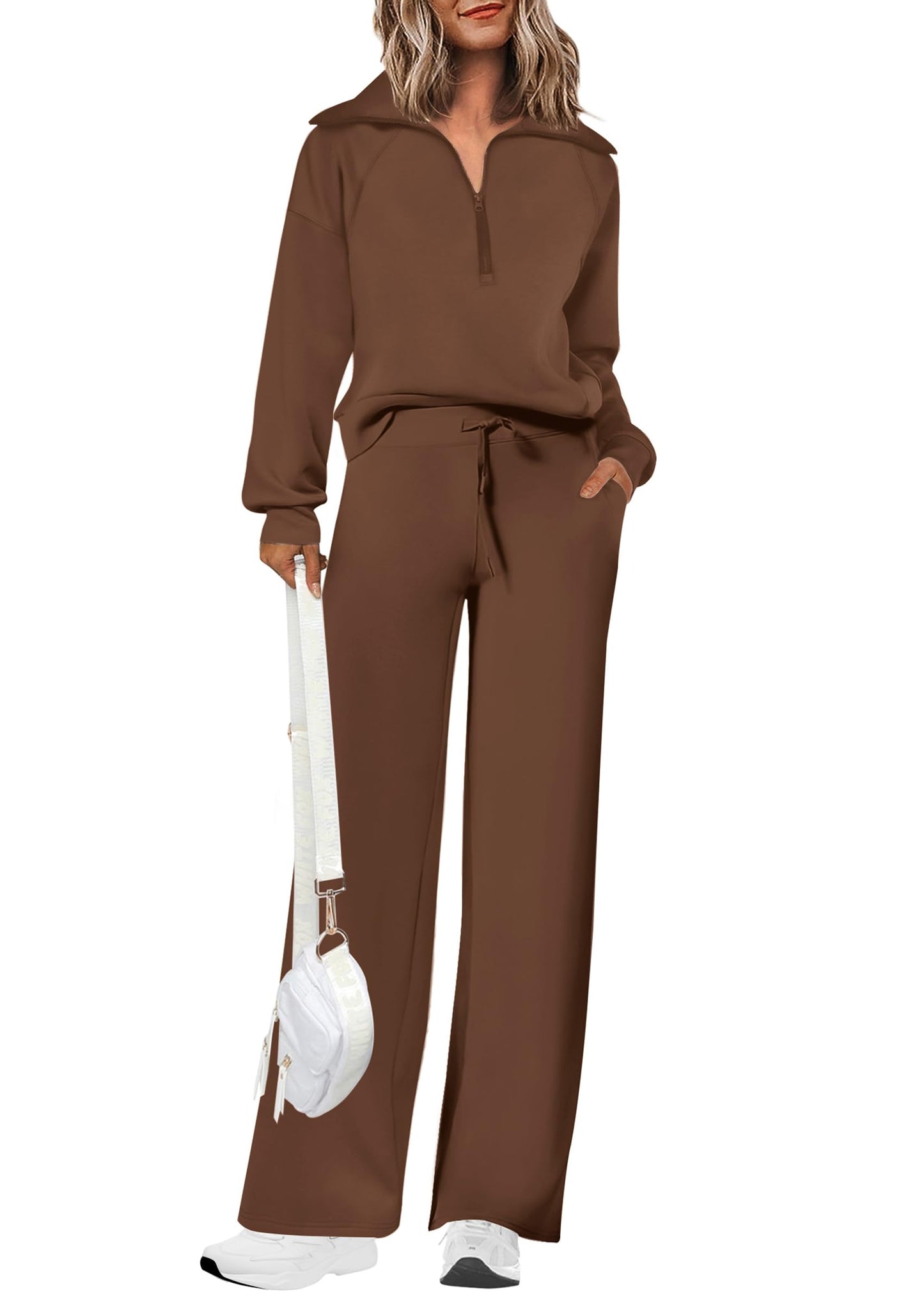 Ensembles deux pièces en coton pour femmes, sweat-shirt à col revers et demi-zip, pantalon de survêtement large, tenue décontractée