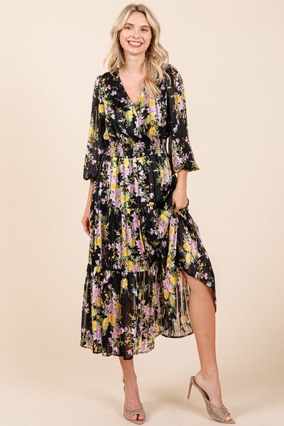 Mittoshop Blumenprint Satin Lurex Streifen Smocked Midikleid