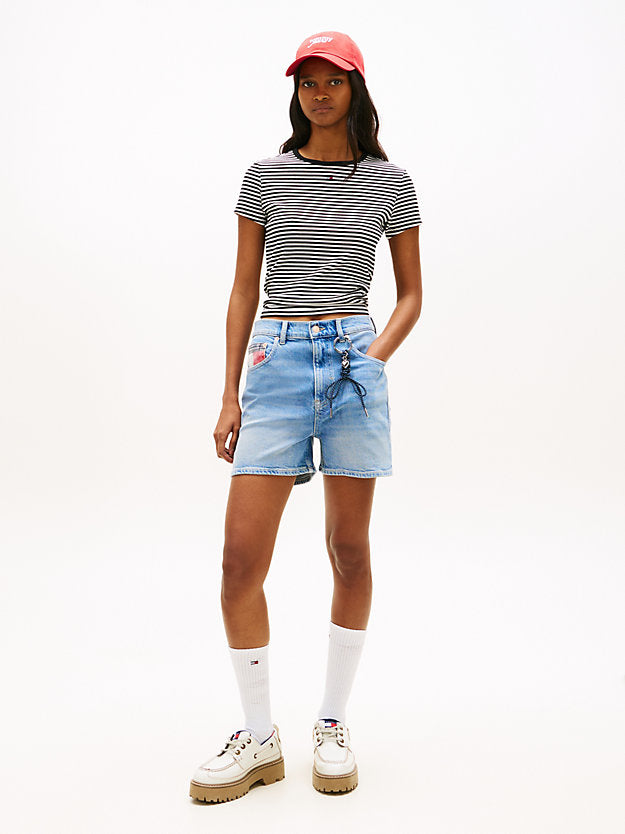 Colour-Blocked Coin Pocket Mom Denim Shorts