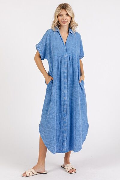 Mittoshop V-Ausschnitt Midi-Hemdblusenkleid in Mineralwaschung