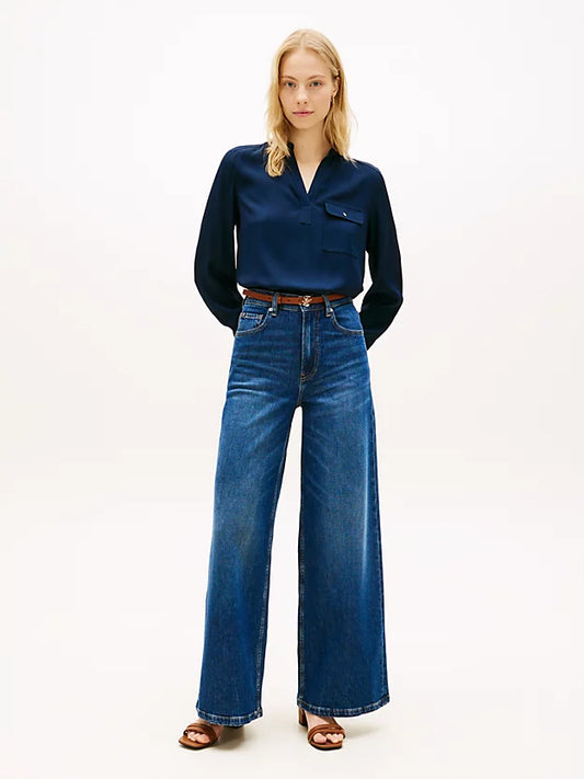 Relaxed Fit Gold-Tone Button V-Neck Blouse