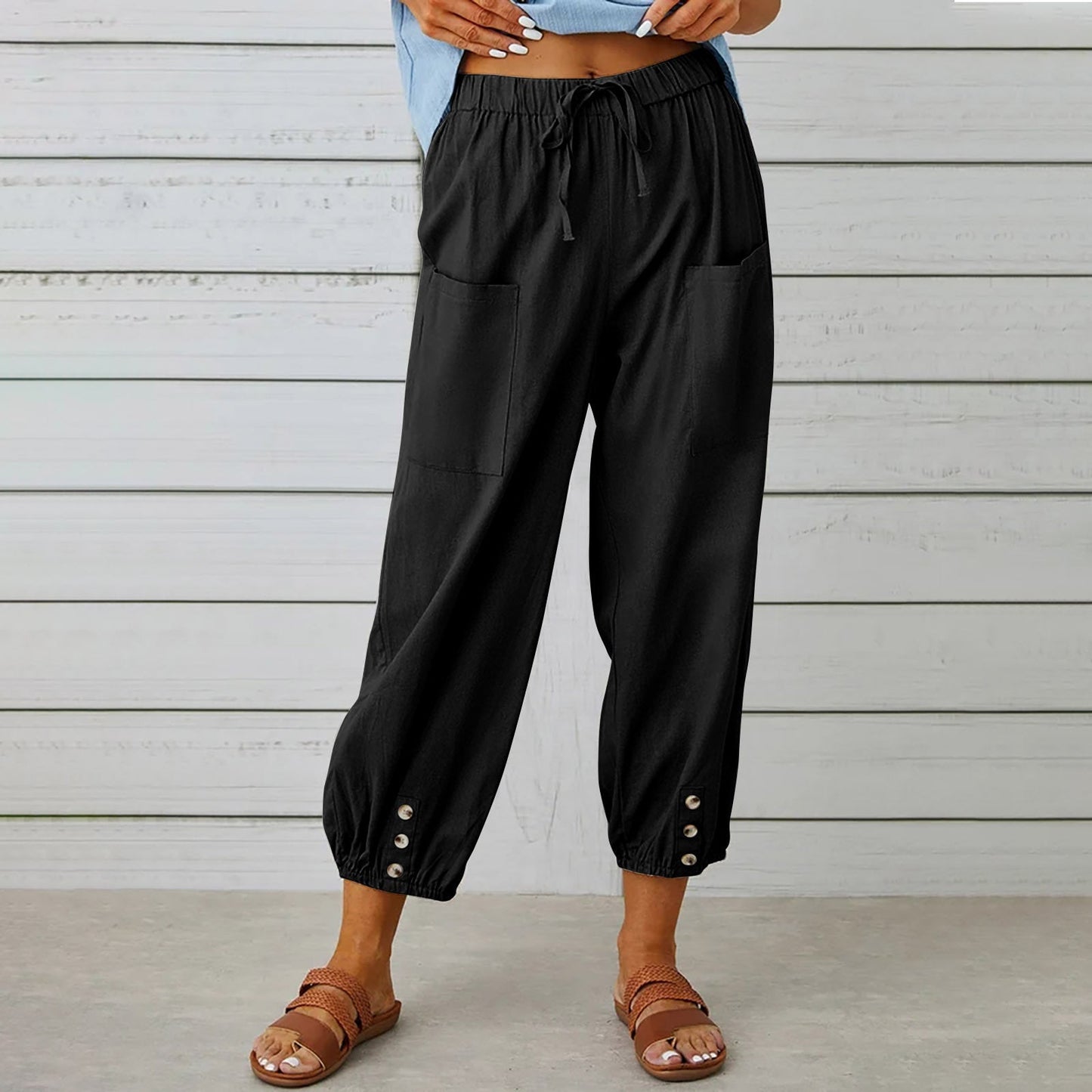 Damenhosen High-Waist-Hose mit Knopfleiste aus Baumwolle und Hanf Dreiviertelhose weites Bein