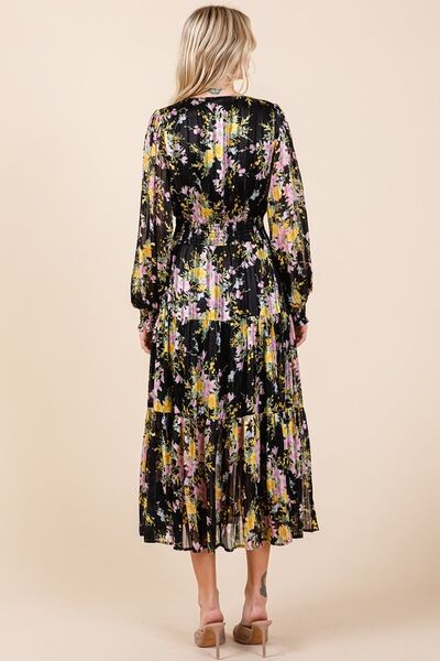 Mittoshop Blumenprint Satin Lurex Streifen Smocked Midikleid