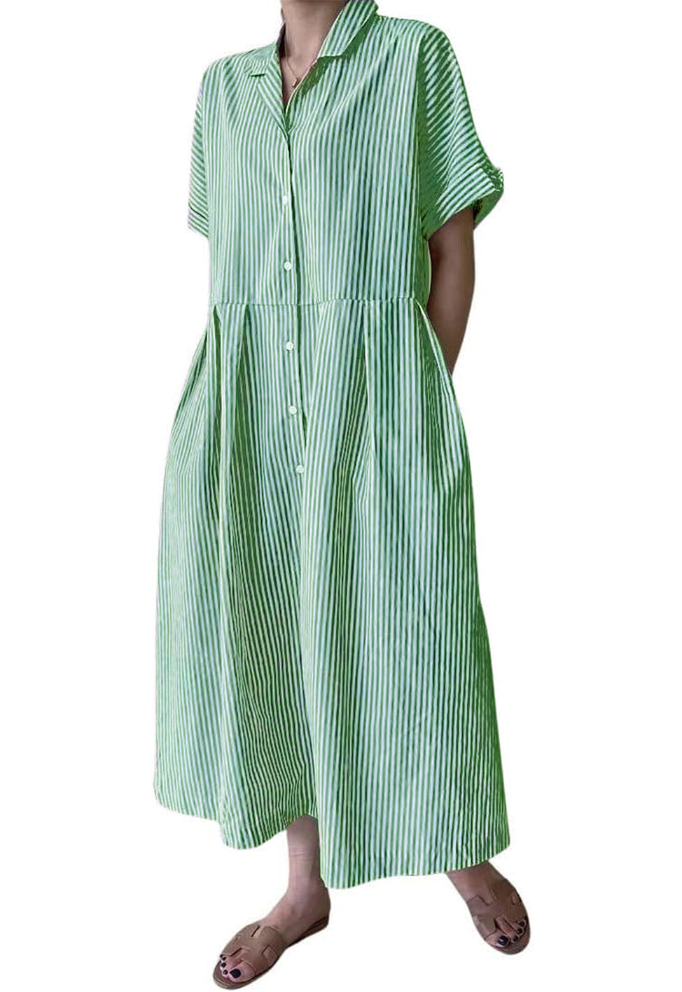 Robe chemise longue mi-longue en coton rayée à manches courtes avec poches pour femme (achetez 2, la livraison est gratuite)