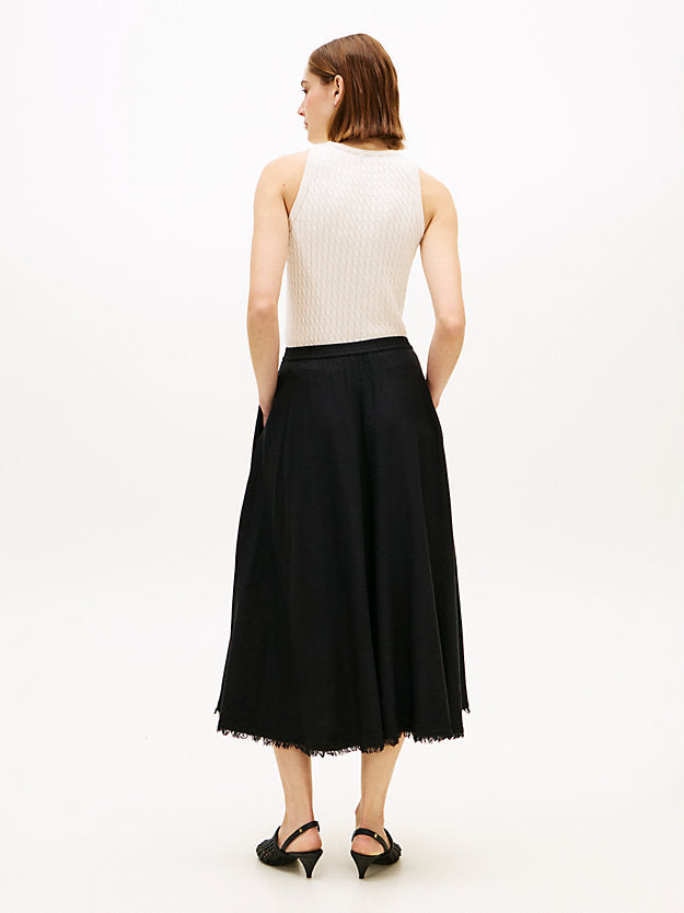 Pleated Linen Blend Midi A-Line Skirt