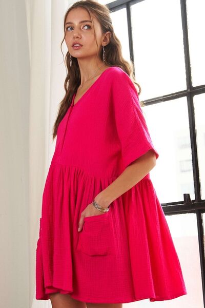 Robe à Col V et Manches Courtes ADORA avec Poches