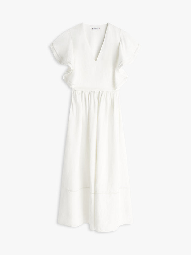 Linen Blend Frill Sleeve Midi Dress