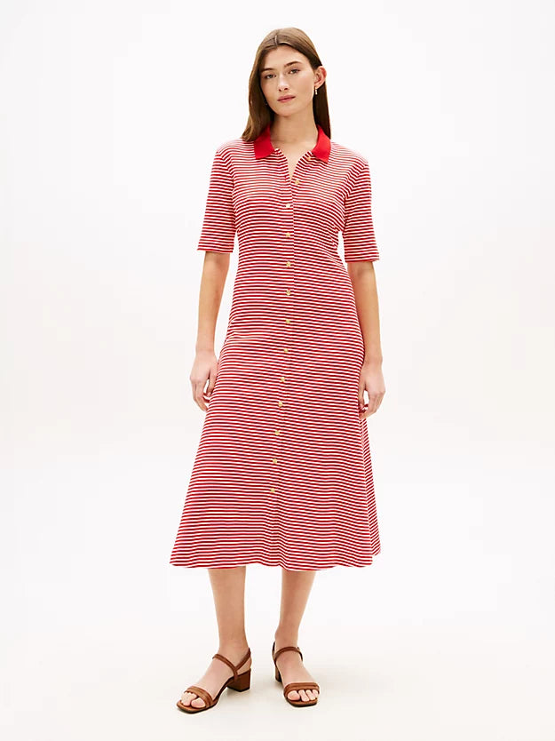 Gold-Tone Button Midi Polo Dress