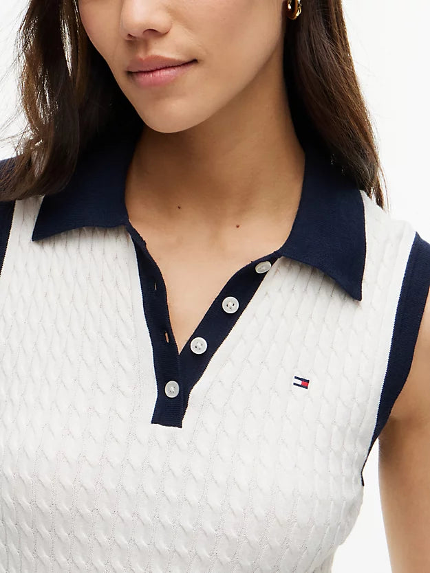 Cable Knit Slim Sleeveless Polo Jumper