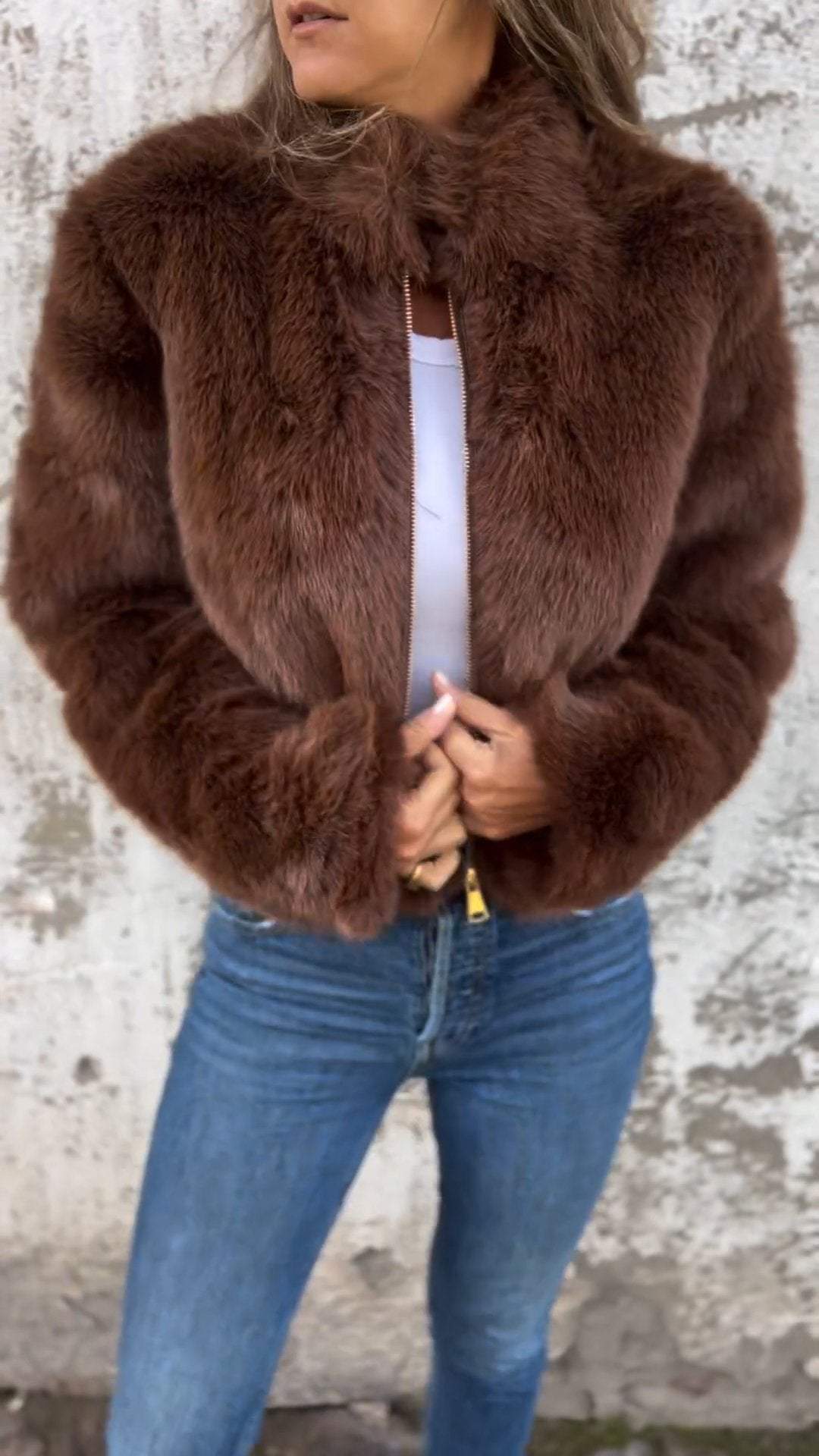 Veste décontractée zippée en fausse fourrure à col montant pour femme