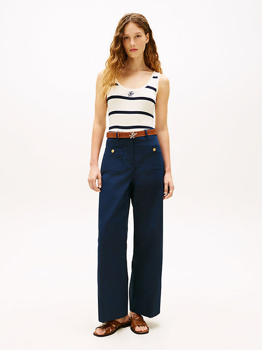 Crest Embossed Button Wide Leg Chinos