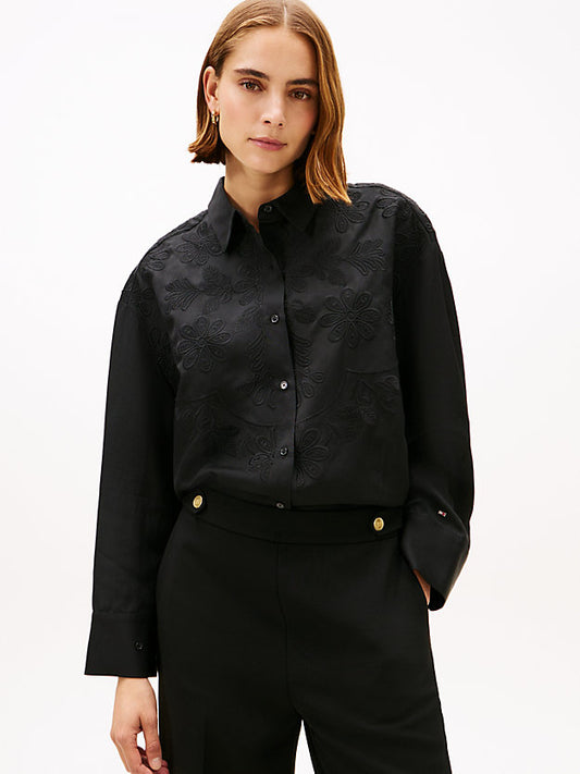 Floral Embroidery Oversized Fit Shirt WiLinen