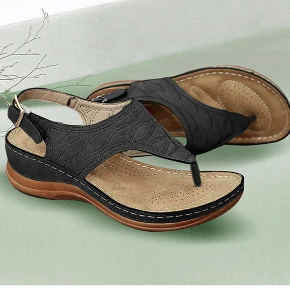 Sandales compensées orthopédiques brodées confortables, sandales de marche en cuir