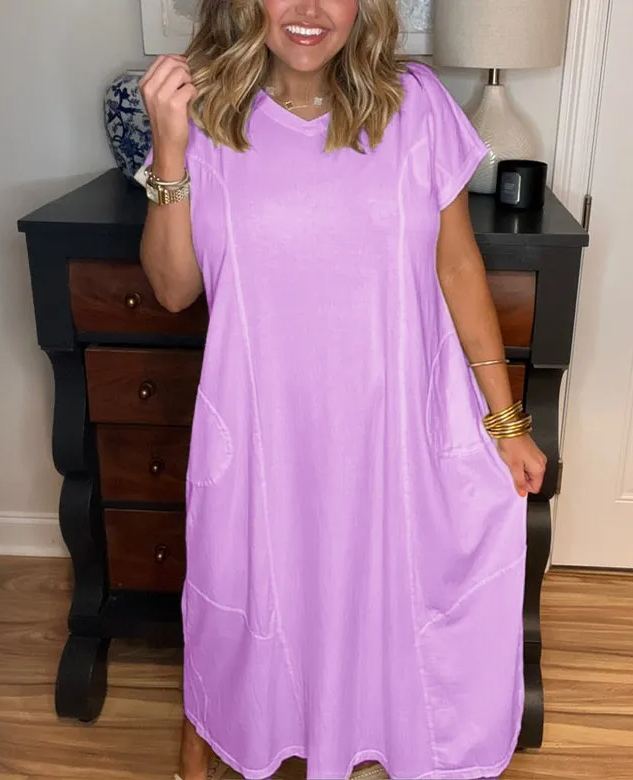 Damen Maxikleid mit kurzen Ärmeln und Taschen (2 kaufen, kostenloser Versand)