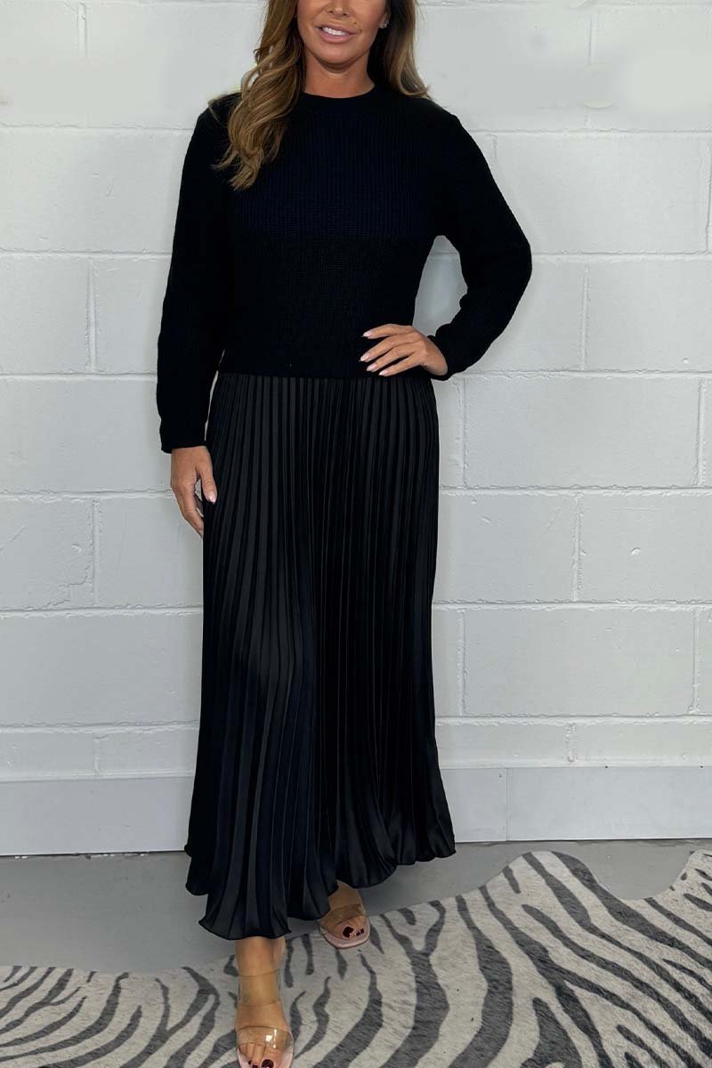 Damen stilvolles und elegantes Plisseekleid mit Rundhalsausschnitt