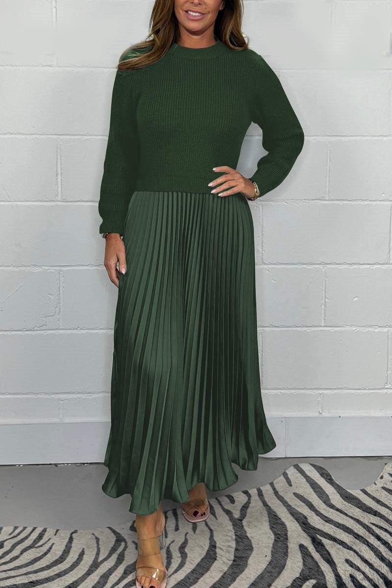 Damen stilvolles und elegantes Plisseekleid mit Rundhalsausschnitt