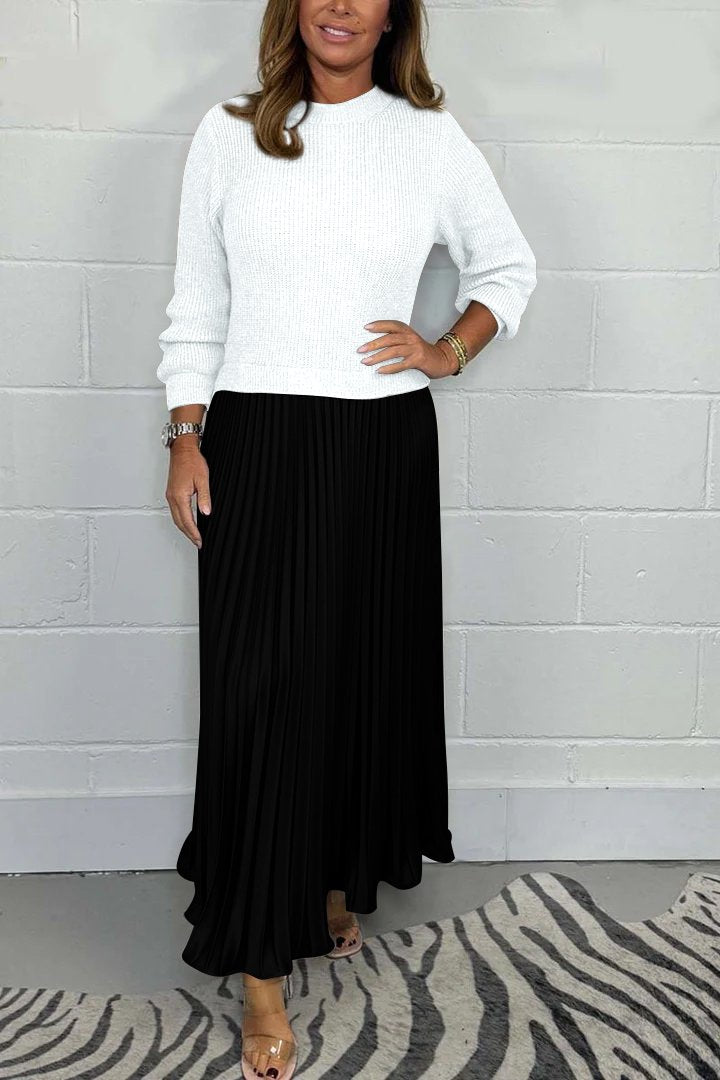 Damen stilvolles und elegantes Plisseekleid mit Rundhalsausschnitt