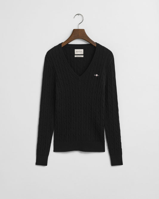 Stretch Cotton Cable Knit V-Neck Sweater