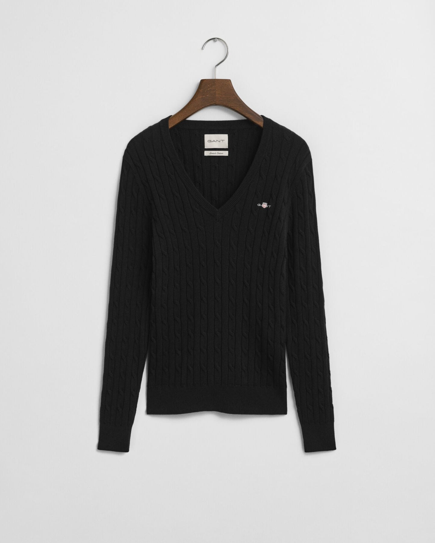 Stretch Cotton Cable Knit V-Neck Sweater